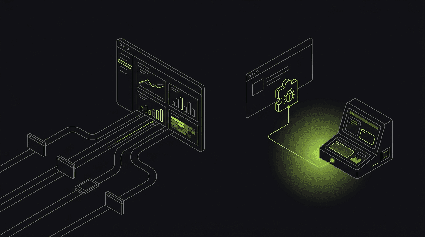 Isometric line-art split scene: many-user session-replay streams feeding an analytics dashboard on the left, one focused browser-extension bug capture connecting to an AI-agent terminal on the right, with a single lime glow.