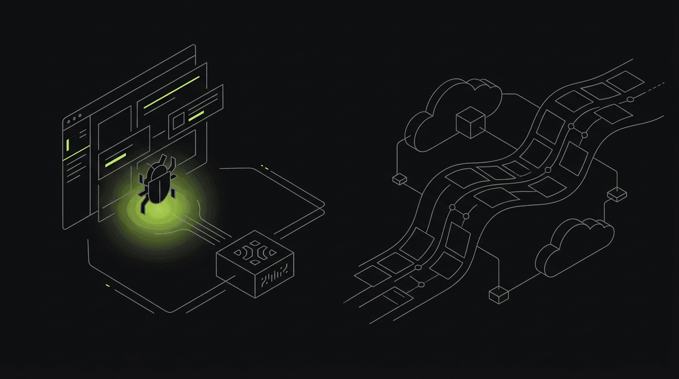 Thin line-art isometric split scene contrasting a zero-setup bug-capture marker feeding an MCP node against an always-on production session-replay stream, lime on dark