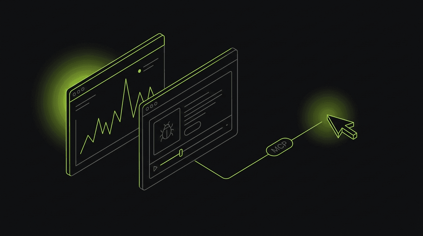 Thin line-art isometric panels: a production error dashboard with spiking alert sparkline beside a captured bug report with rrweb scrubber, connected by an MCP node line to an AI agent cursor, lime on dark