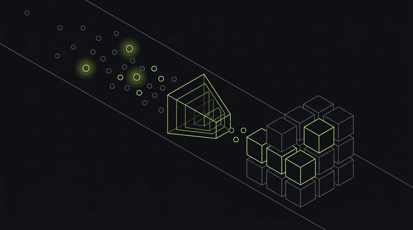 Isometric line-art pipeline of scattered rrweb event dots collapsing through a lime compression stage into stacked S3 storage cubes on a dark canvas