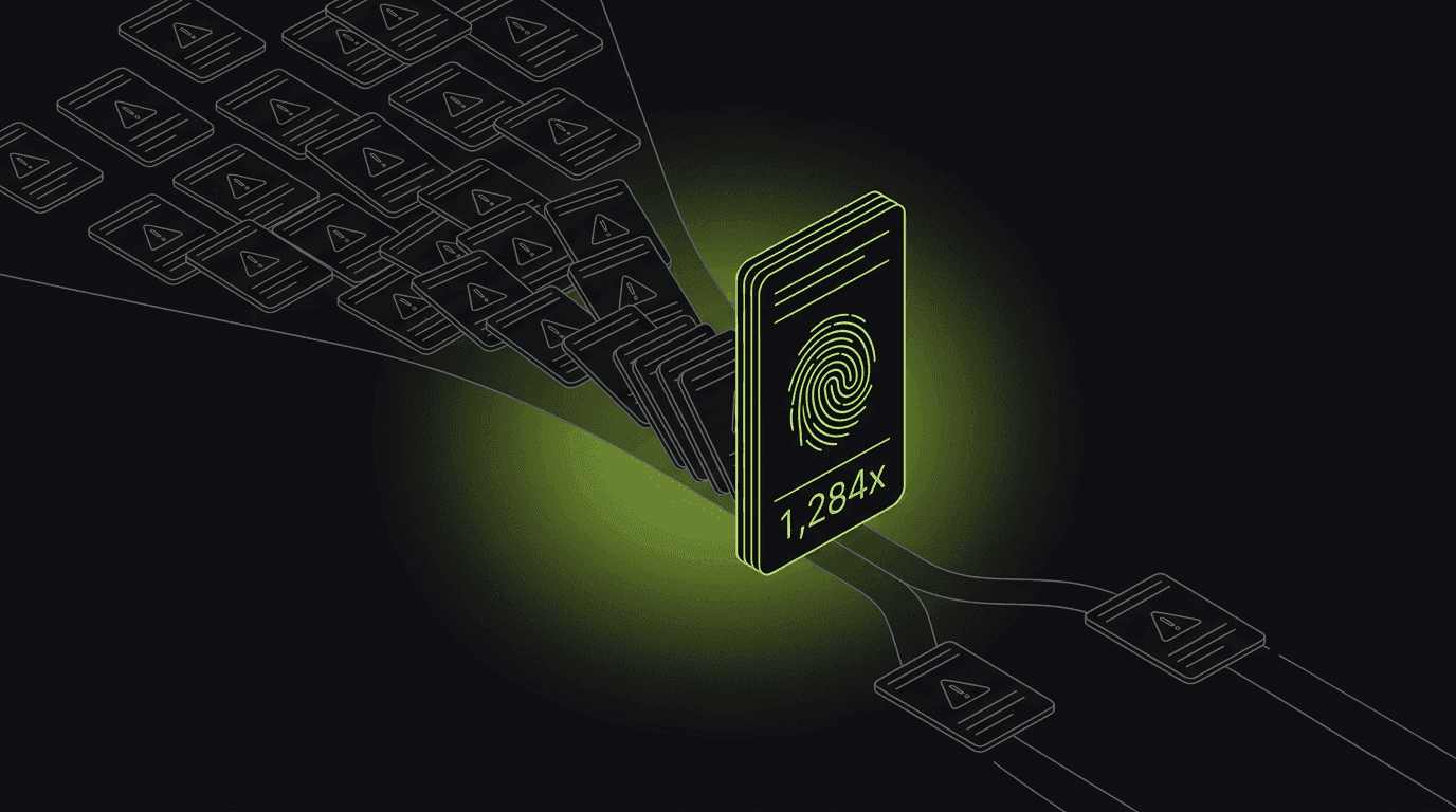 Isometric line-art of many identical error cards funneling into one tall grouped issue card stamped with a fingerprint whorl and a seen 1,284x counter, with two outliers splitting onto a separate branch, on a dark canvas with a single lime glow