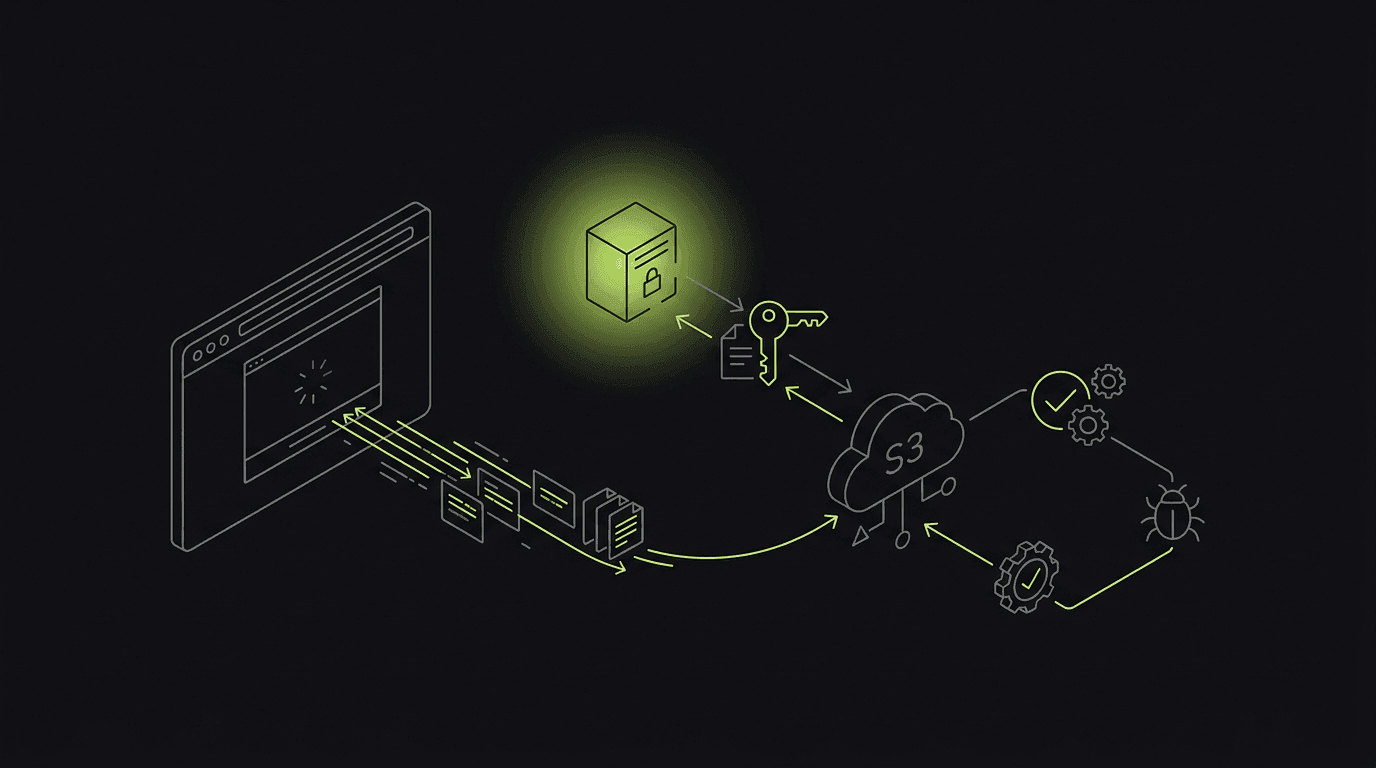 Isometric line-art diagram of a browser uploading a screenshot to S3 via a server-minted short-lived presigned URL, then verified and linked to a bug