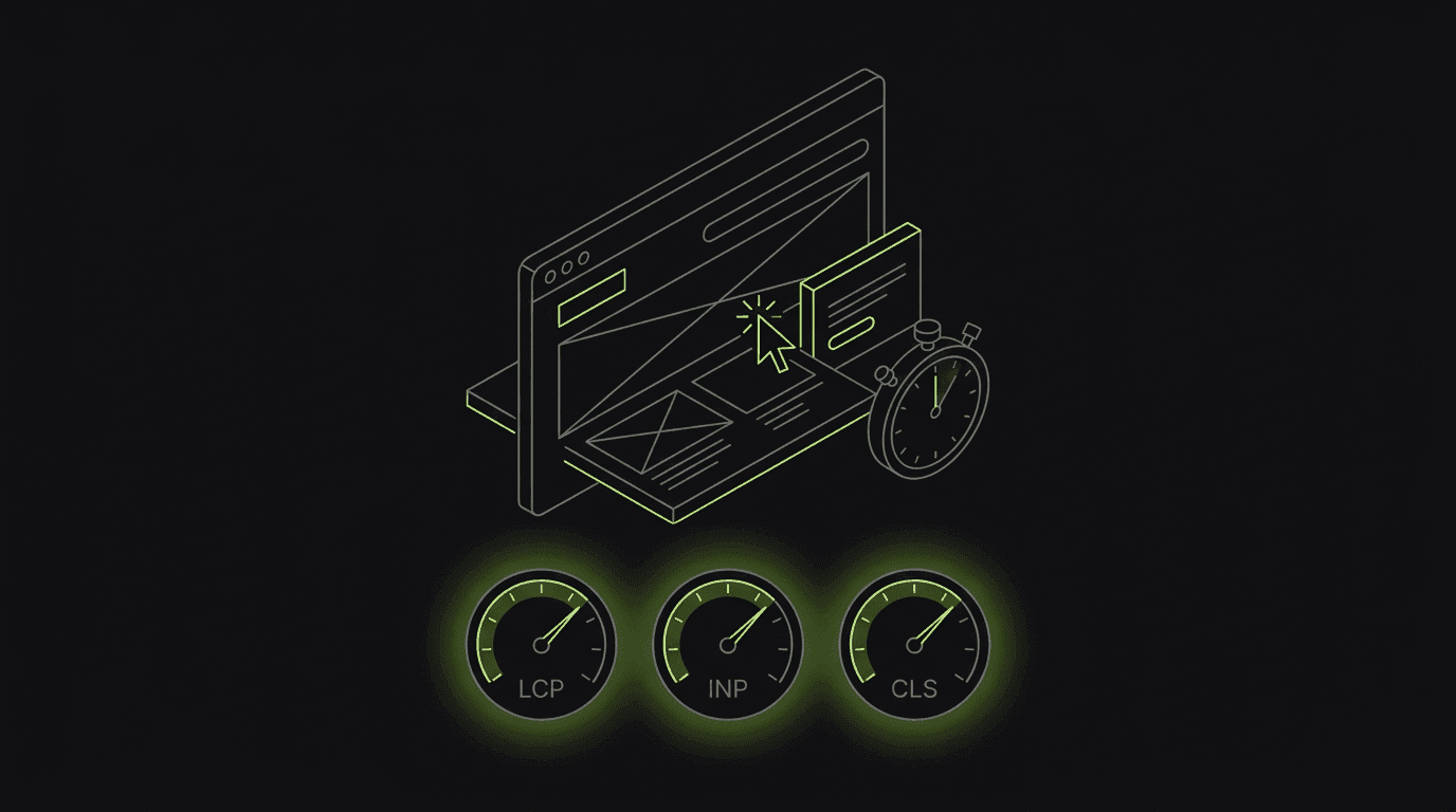 Isometric line-art of a browser window mid-layout-shift with a frozen cursor click and a stopwatch, plus three gauge dials for LCP, INP and CLS in lime on dark