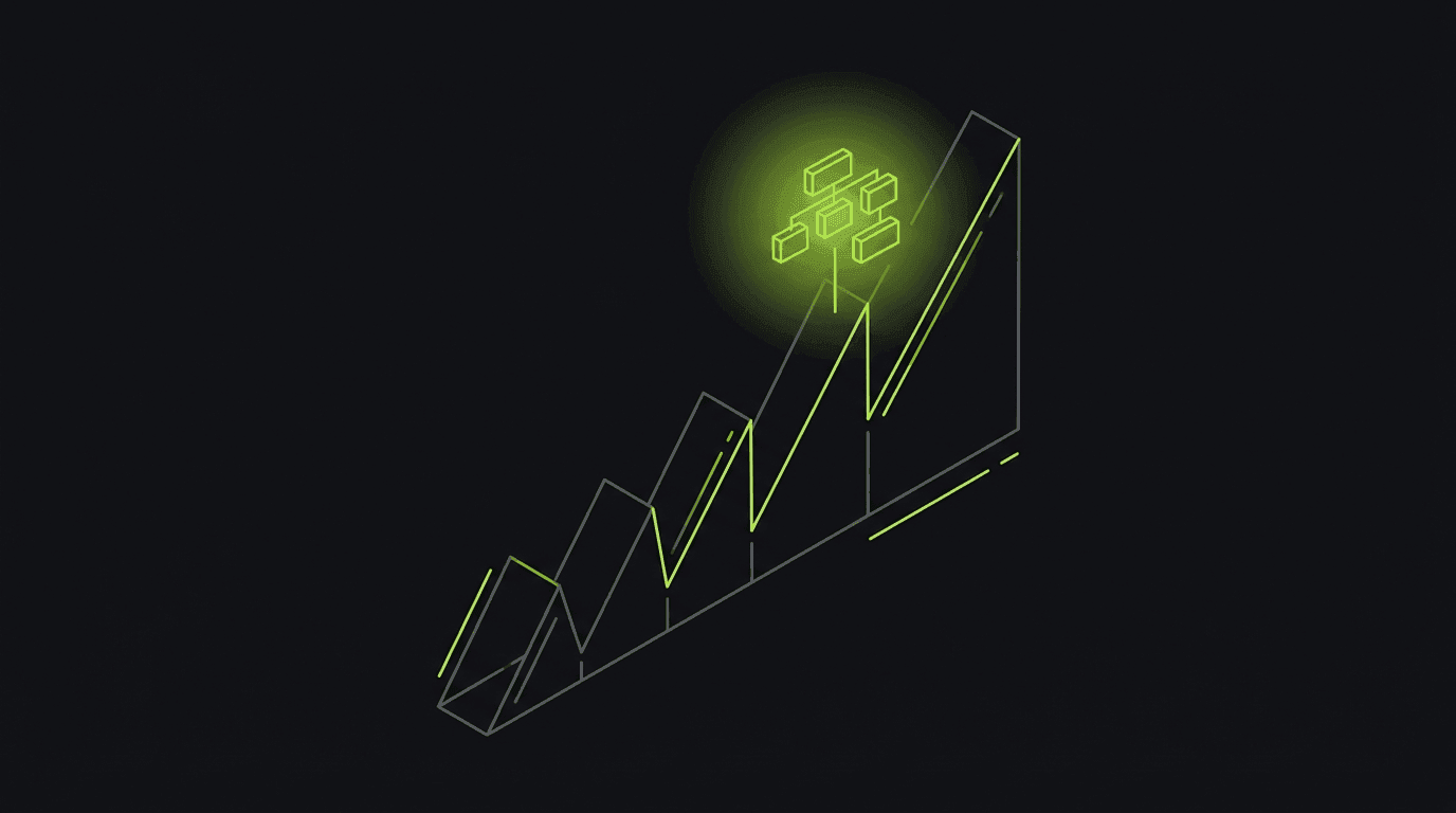 Isometric line-art of a browser heap timeline climbing in a sawtooth that never returns to baseline, with detached DOM nodes glowing in lime