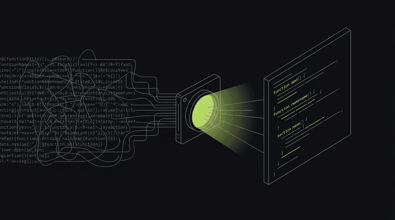 A tangled block of minified one-line code on the left resolving through a lime decoder lens into a single highlighted original source frame on the right, on a dark canvas
