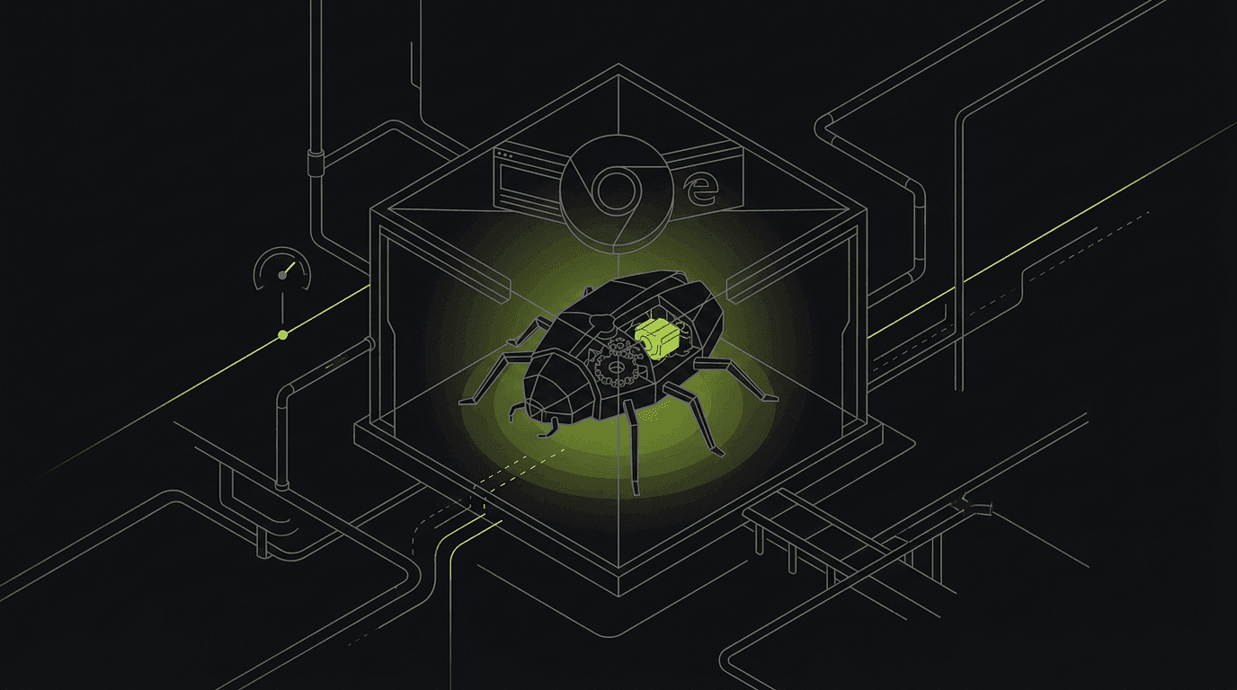 Isometric line-art of three browser engines reconciled into one captured bug with environment context