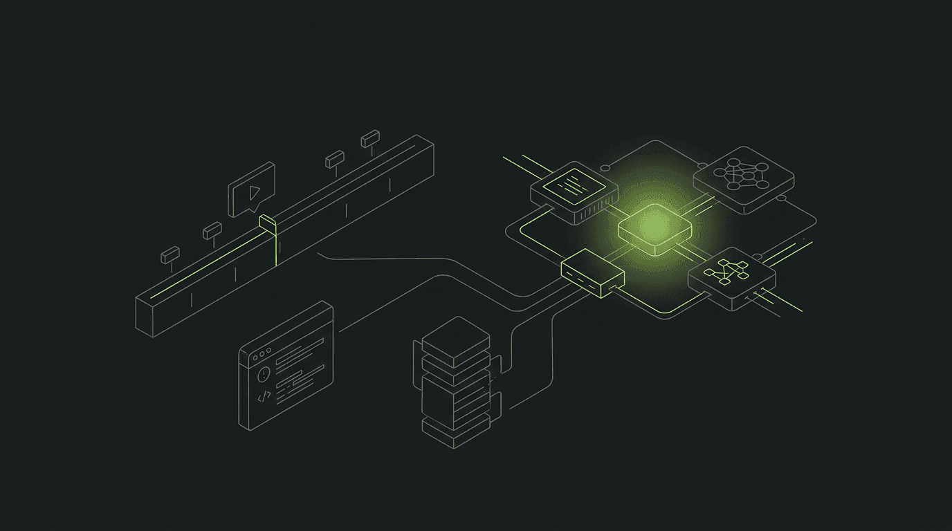 Isometric line-art of a session replay timeline, a console error, and a source-mapped stack trace feeding an AI debugging agent, in lime on near-black