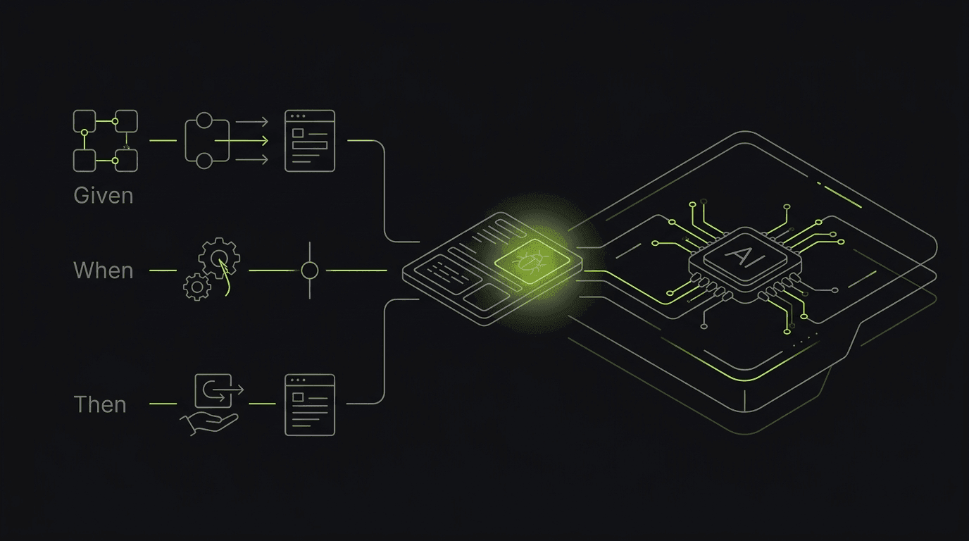 Isometric line-art Given/When/Then criteria rows feeding a bug-capture card read by an AI agent over MCP