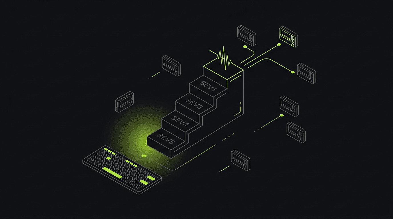 Isometric line-art escalation ladder of five incident severity tiers SEV1 to SEV5 with a lime signal pulse branching into pager nodes on a dark canvas