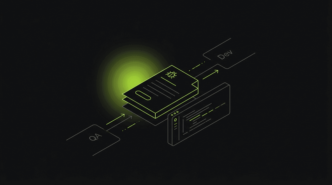 Isometric line-art of a bug ticket with attached session replay, console log, and network trace crossing cleanly from QA to dev on a single pass, lit by one lime glow on a dark canvas.