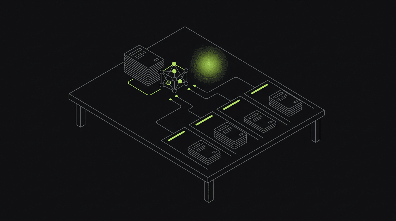 Isometric line-art workbench sorting a stack of bug-ticket cards into four labeled lanes: fix, wontfix, defer, and dupe, with an AI node pre-sorting the queue
